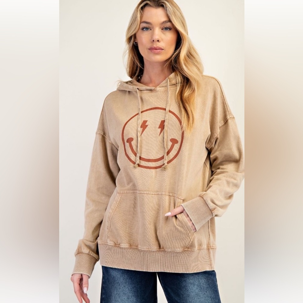 Light Brown Dolman sleeve smiley face top Hoodie with Kangaroo pocket